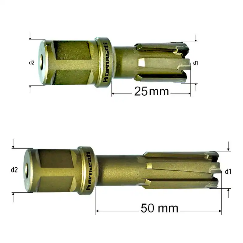 HM-bestückter Kernbohrer, Bohrkrone, 25 & 50mm Nutzlänge, Hardox, Weldon 19mm