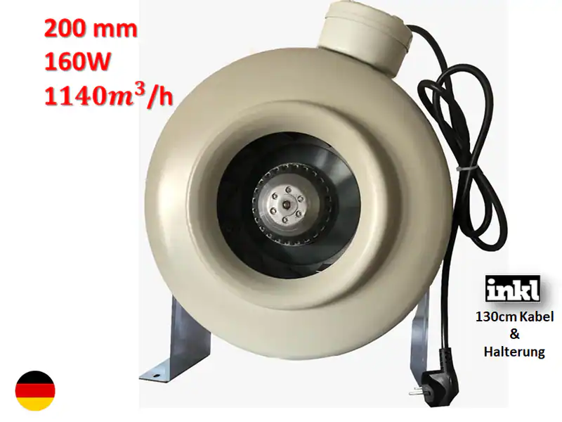 Rohrventilator Axiallüfter 200mm Halterung+kabel Lüfter Abluf Zuluft Radial
