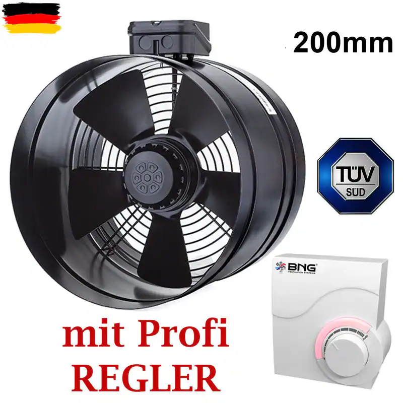 Rohrventilator Axial 200mm Zu-Abluft Rohrlüfter Axiallüfter + Profi Regler 2.5A