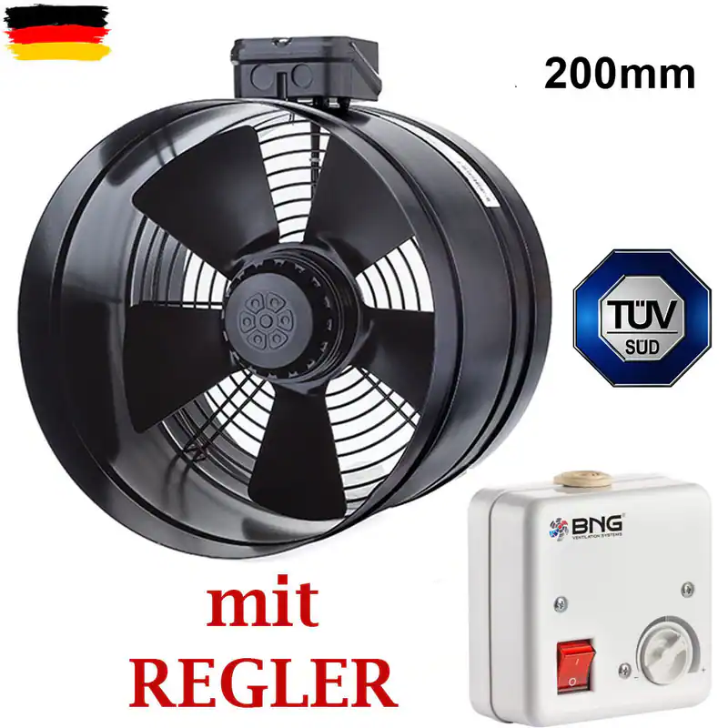Rohrventilator Turbo Axial 200mm Zu-Abluft Rohrlüfter Axiallüfter mit Regler