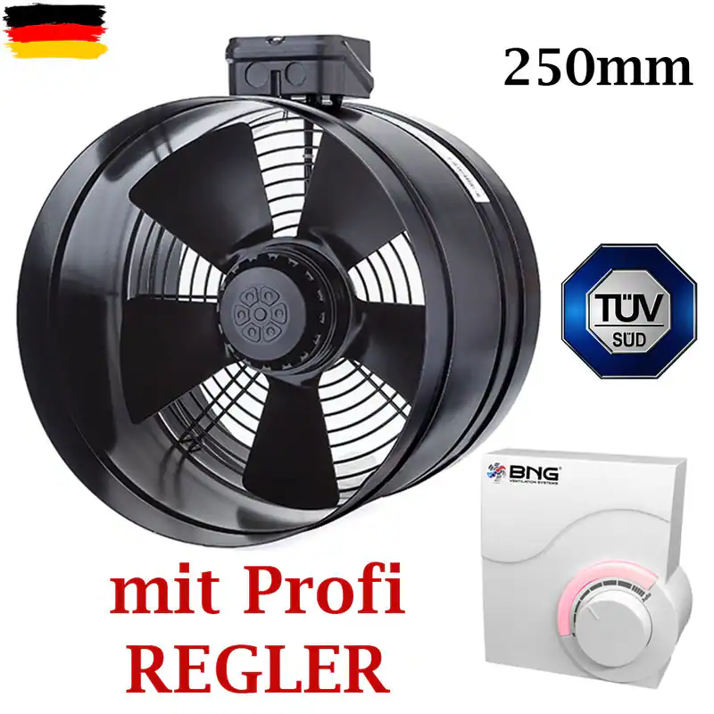Rohrventilator Axial 250mm Zu-Abluft Rohrlüfter Axiallüfter + Profi Regler 2.5A