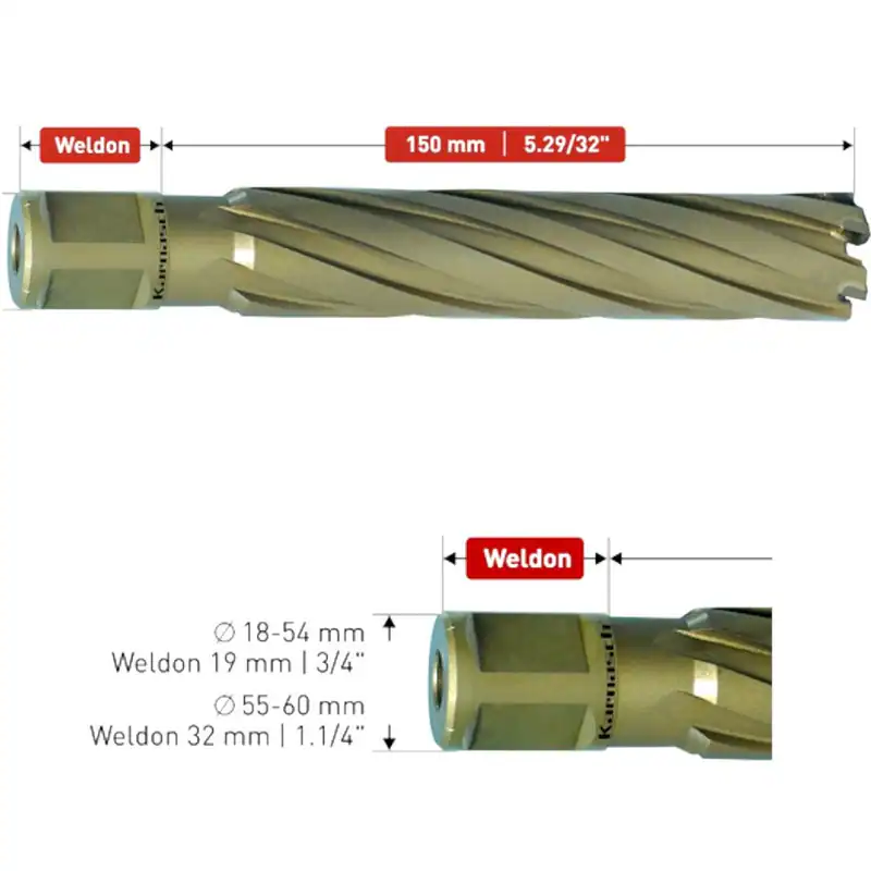 HM Hartmetall bestückter Kernbohrer, Weldonschaft, 150mm Nutzlänge, Ø 18-60mm