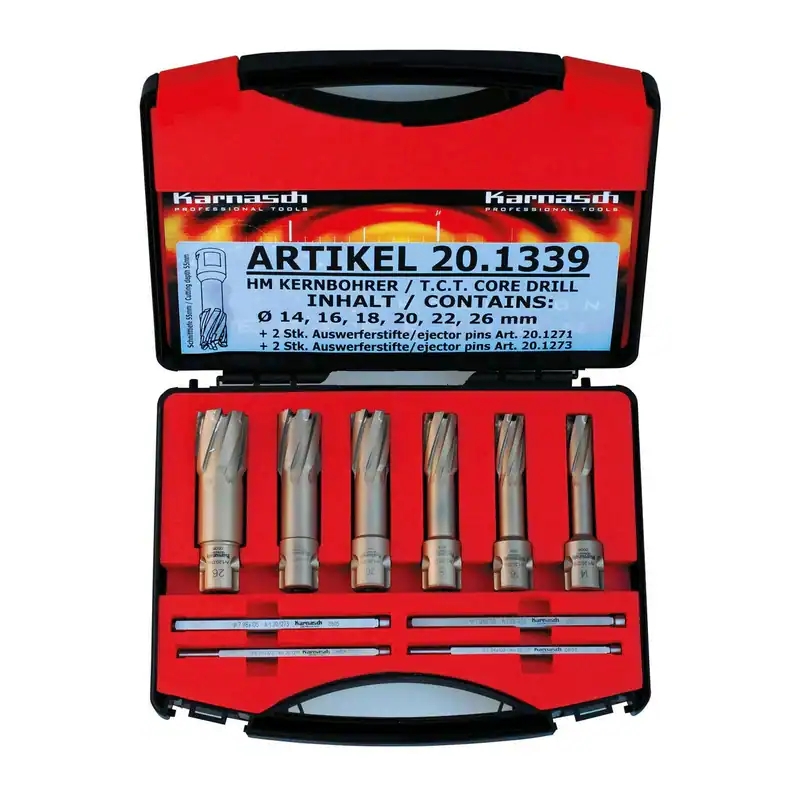 Karnasch Kernbohrer Kernlochbohrer Set HM 10tlg Ø14–26mm Weldon 19mm NL55