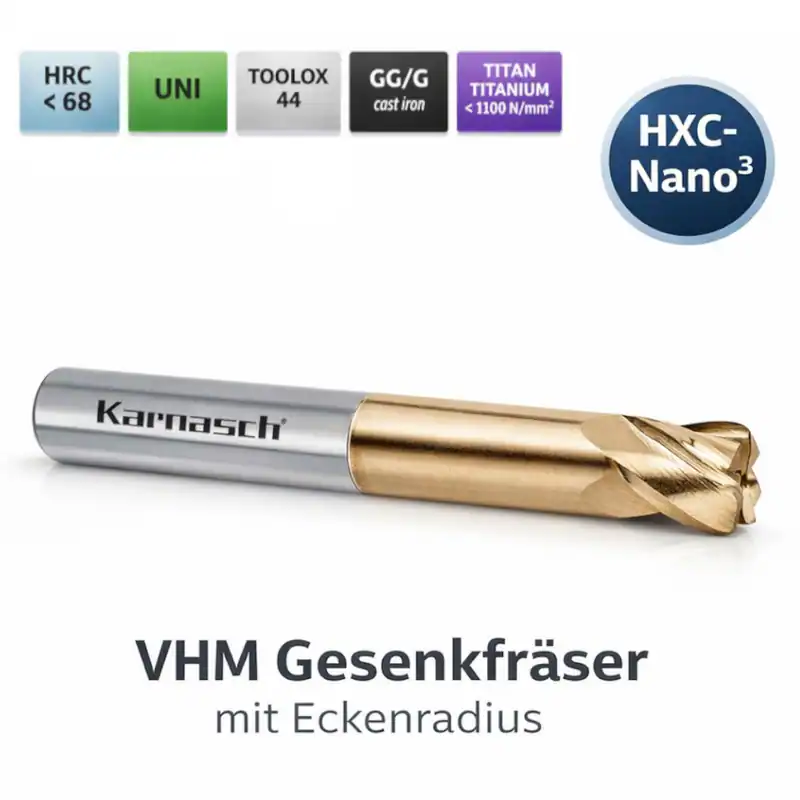 CNC Gesenkfräser VHM, Ø 1-12mm, kurz mit Radius HXC Nano3 Fräser Stahl Edelstahl