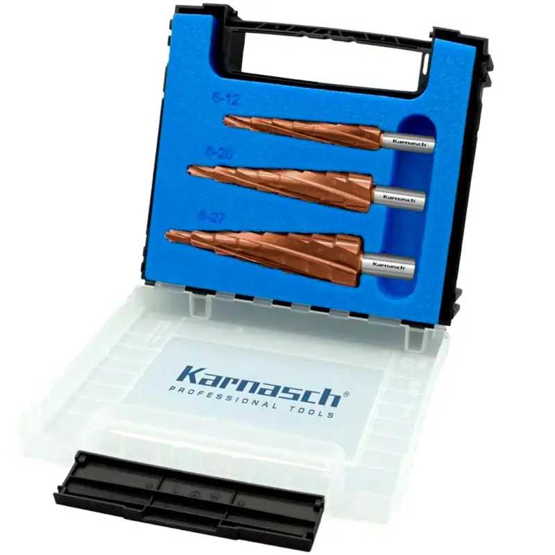 Stufenbohrer 3er Set,HSS-XE, Titan-Tec, 4 Schneiden, 6-12, 6-20, 6-27mm Karnasch