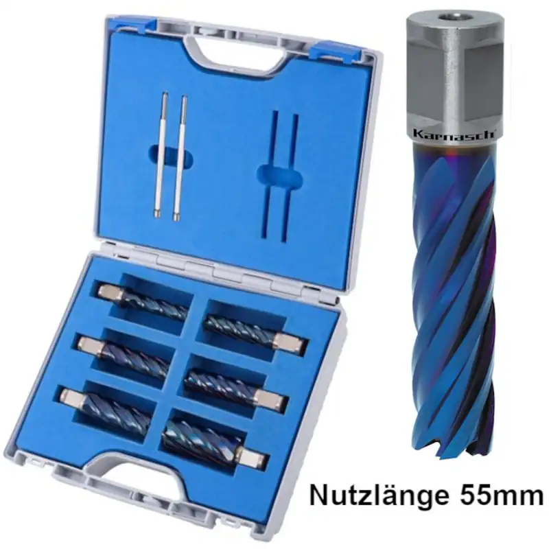 Karnasch Blue-Line55 PRO Kernbohrer Set, Pulverstahl, 8tlg Ø=12–26mm Weldon 55mm